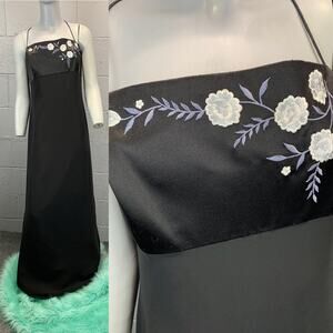 Y2K Black Satin Maxi Slip Dress Formal Prom Volup Plus 16 Floral Embroidered